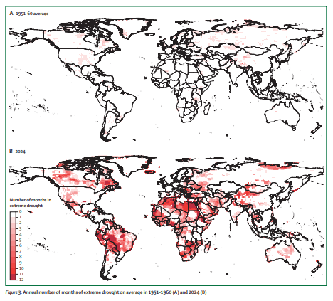 Annual number of months of extreme drought on average in 1951–1960 (A) and 2024 (B) (Lancet Countdown report 2025)